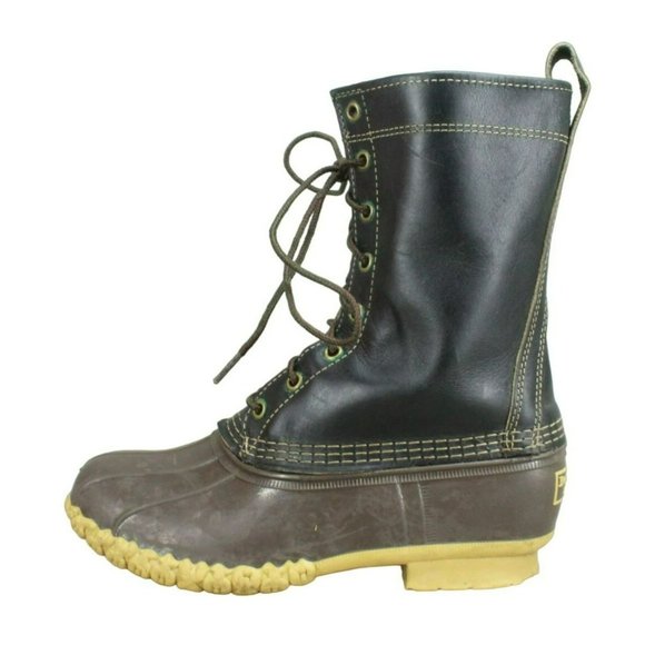 LL Bean Black Leather Lace Up Unlined Mid Calf Duck Boots Size 7 M - Picture 1 of 9